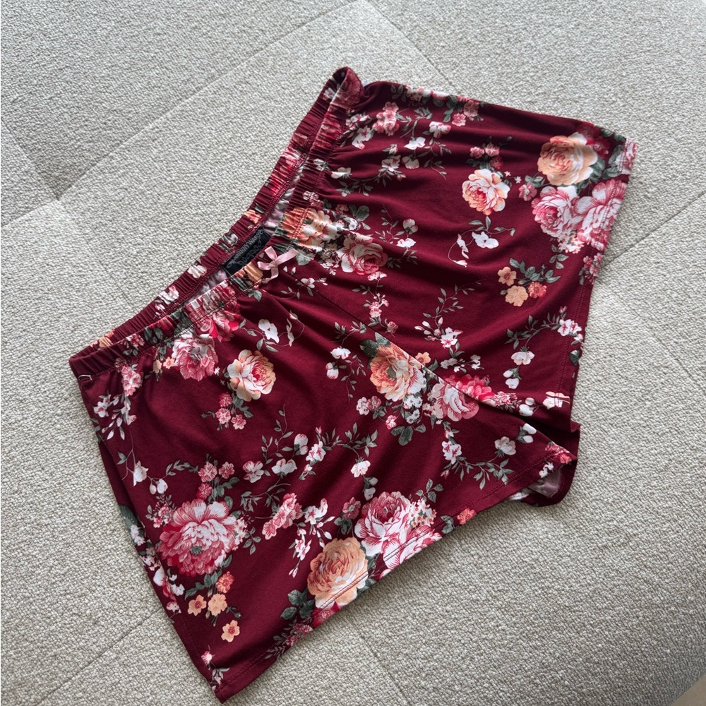 Johnny Was Floral Pajama Shorts | Burgundy Rose Print Lounge Sleepwear